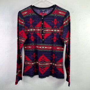 Y2K Chaps Henley Shirt S Thermal Waffle Knit Aztec Southwestern Blue Red